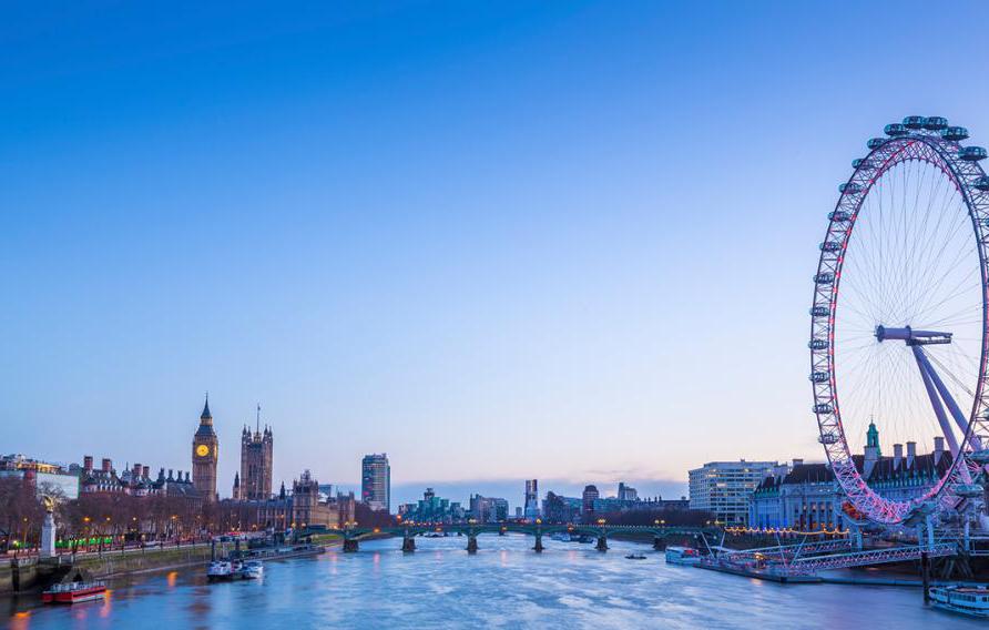 泰晤士河上的伦敦眼和议会大厦